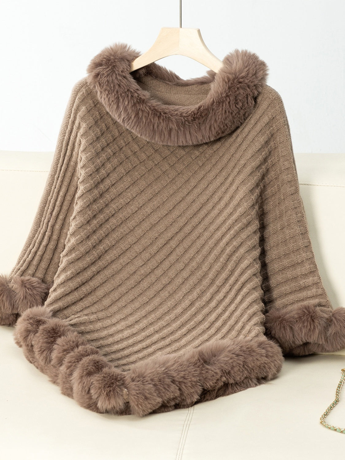 Women's Fuzzy Trim Three-Quarter Sleeve Poncho | Soft Acrylic Texture for Everyday Wear