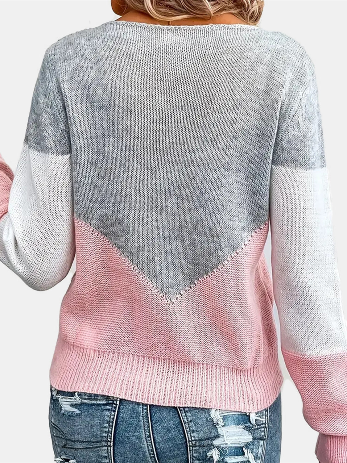 Women's Round Neck Long Sleeve Openwork Contrast Knit Top | Elegant and Comfortable Sweater