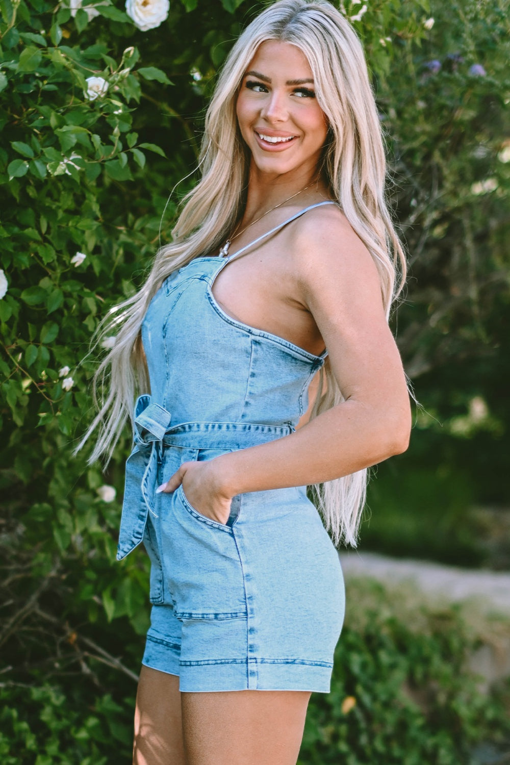 Chic and Comfortable Denim Romper with Tied Spaghetti Straps for Women