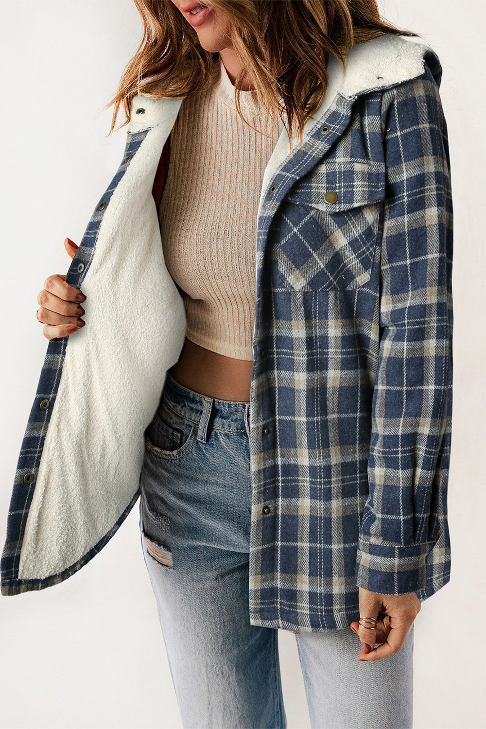 Women’s Plaid Hooded Jacket with Snap Front and Pockets - 100% Polyester Seasonal Outerwear