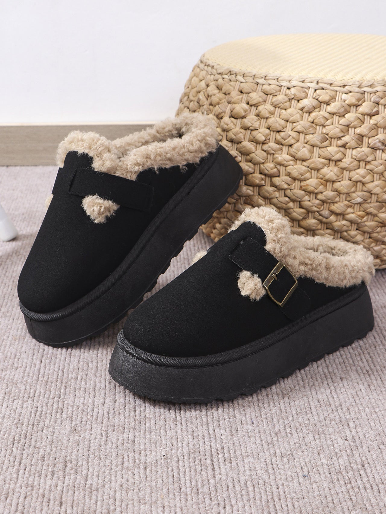 Warm and Cozy Women's Thermal Faux Fur Buckle Platform Slippers | Ultra Soft and Comfortable