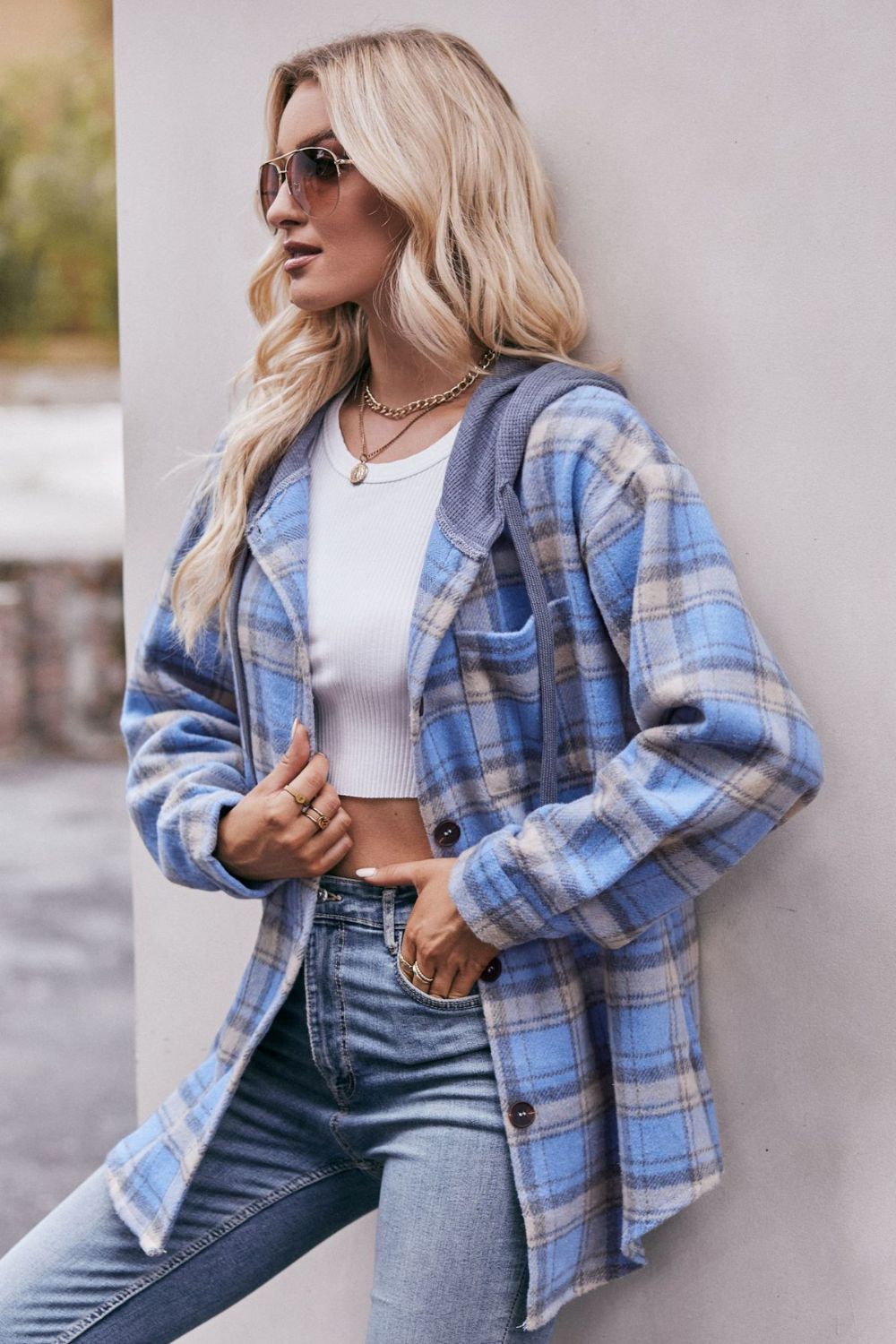 Mandy Women's Hooded Longline Plaid Jacket - Dropped Shoulders and Casual Style