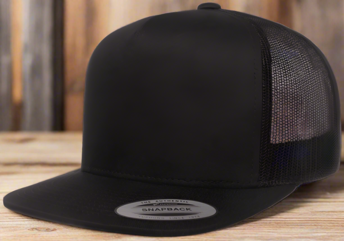 Classic Trucker Snapback Hat with Flat Bill and Mesh Back - Yupoong 6006T - Adjustable Plastic Snapback Closure - 5 Panel Design - Premium Ventilation