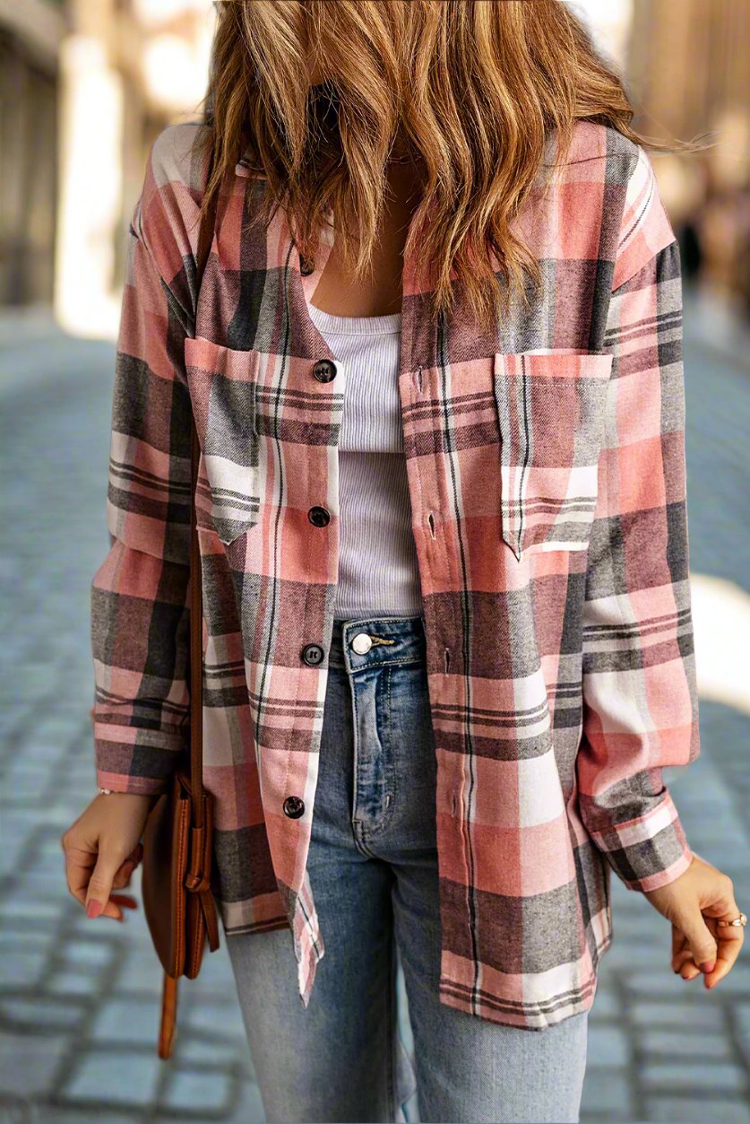 Double Take Plaid Long Sleeve Shirt with Pockets for Women