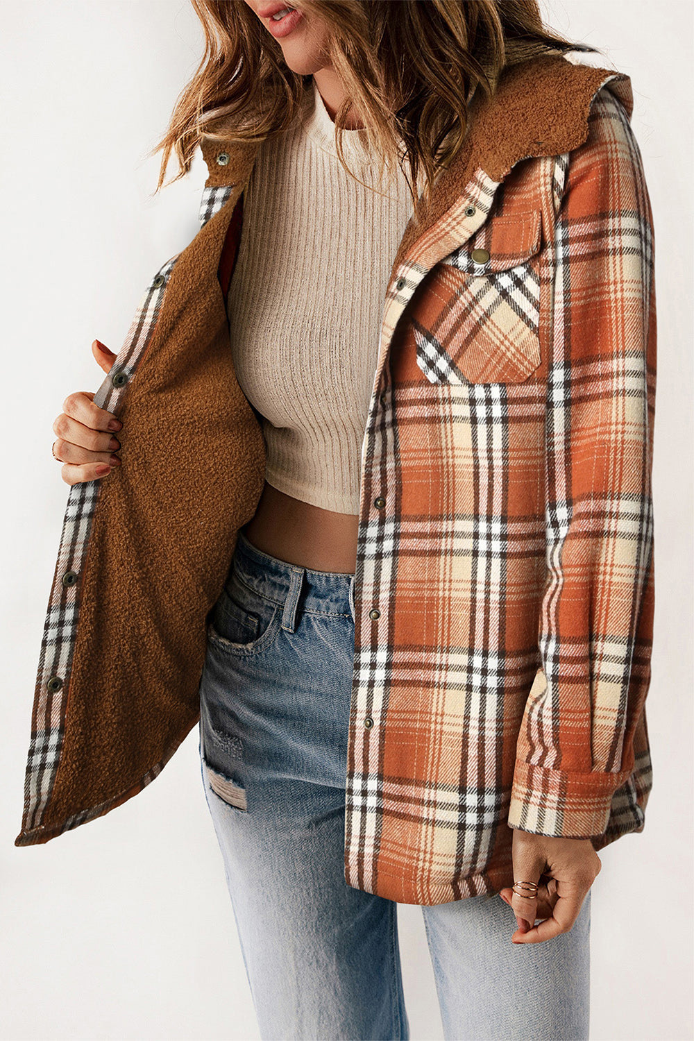 Women’s Plaid Hooded Jacket with Snap Front and Pockets - 100% Polyester Seasonal Outerwear