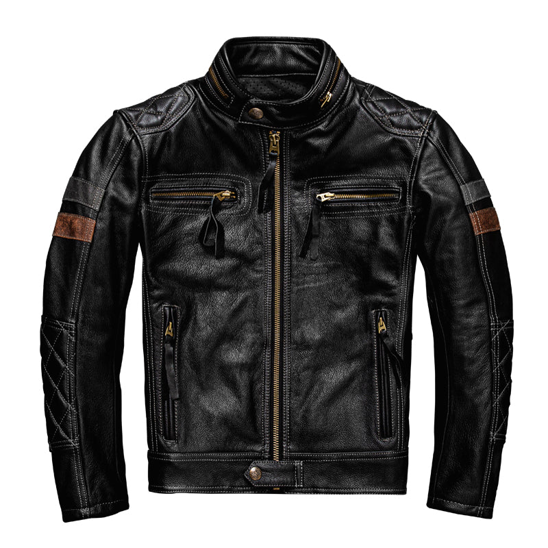 High-Quality Genuine Leather Motorcycle Coat for Men - Slim Fit Biker Jacket in Classic Black