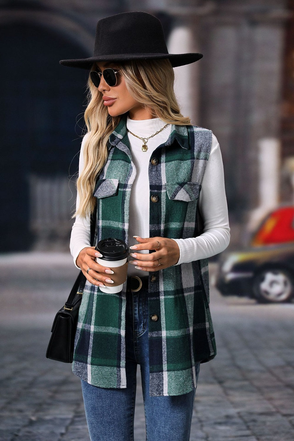 Women's Versatile Plaid Vest Coat with Button Closure - Ideal for Layering