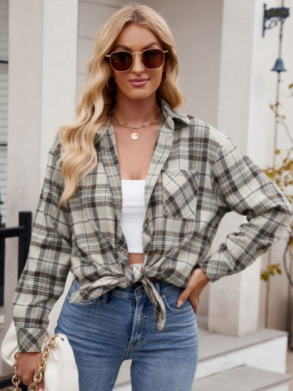 Women's Long Sleeve Plaid Shirt with Pockets - Stretchy Polyester Collared Button-Up