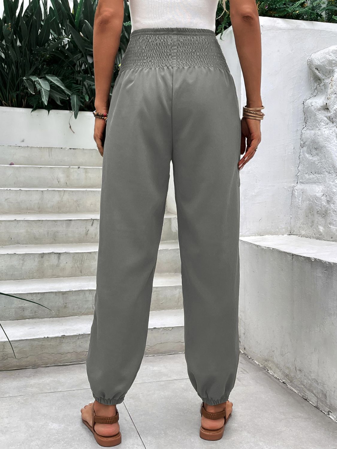 High Rise Smocked Joggers for Women with Pockets | Soft and Stretchy Polyester-Spandex Blend