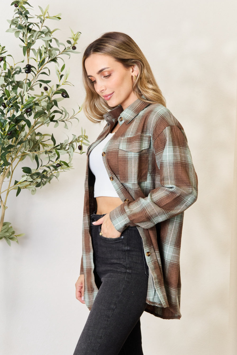 Women's Plaid Dropped Shoulder Shirt - Stylish Collared Long Sleeve Top for Casual Wear