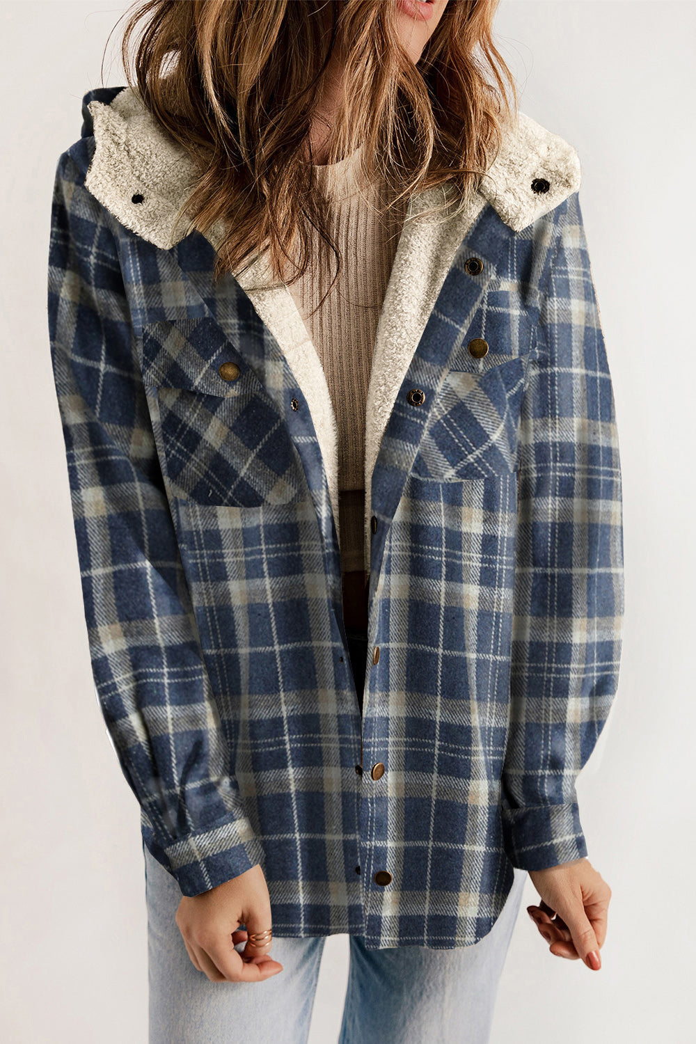 Women’s Plaid Hooded Jacket with Snap Front and Pockets - 100% Polyester Seasonal Outerwear