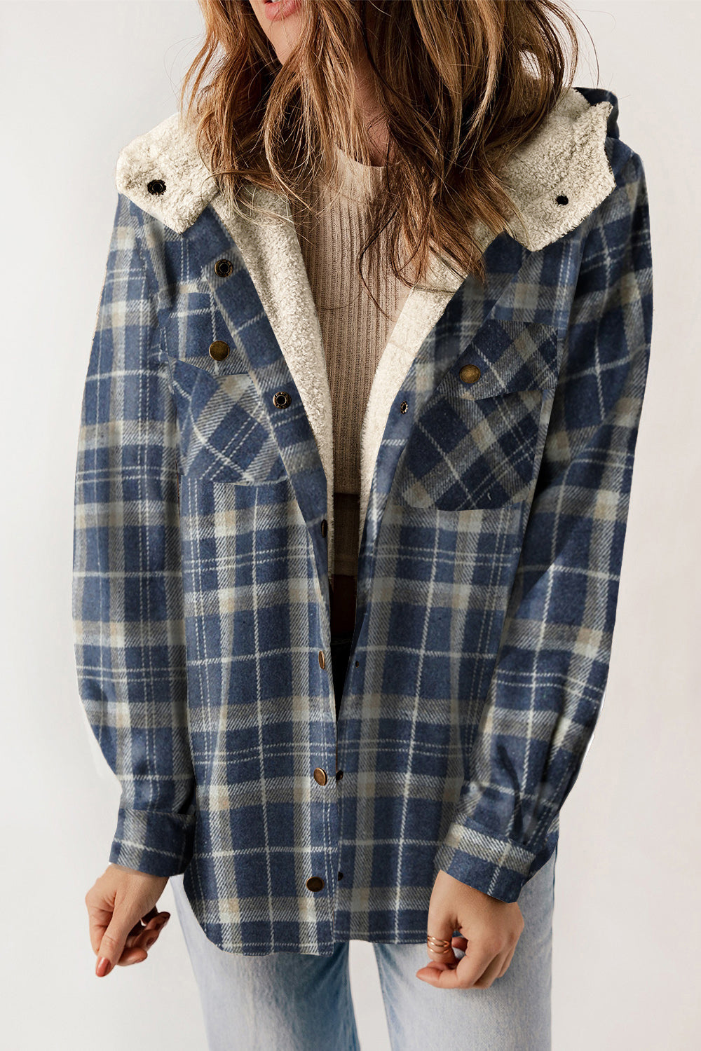 Women’s Plaid Hooded Jacket with Snap Front and Pockets - 100% Polyester Seasonal Outerwear