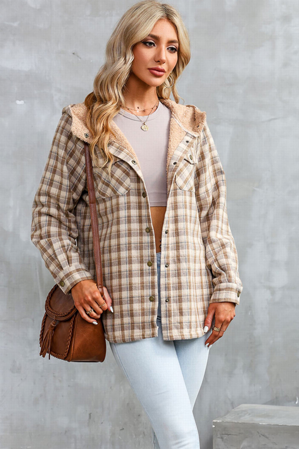 Women’s Plaid Hooded Jacket with Snap Front and Pockets - 100% Polyester Seasonal Outerwear