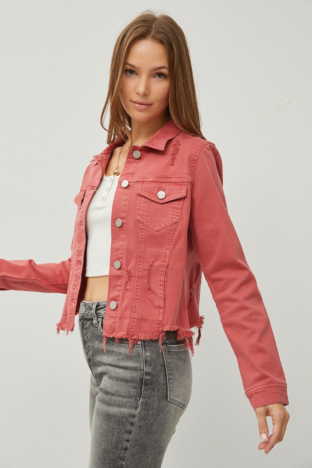 Women's RISEN Cropped Denim Jacket with Raw Hem and Button-Up Style