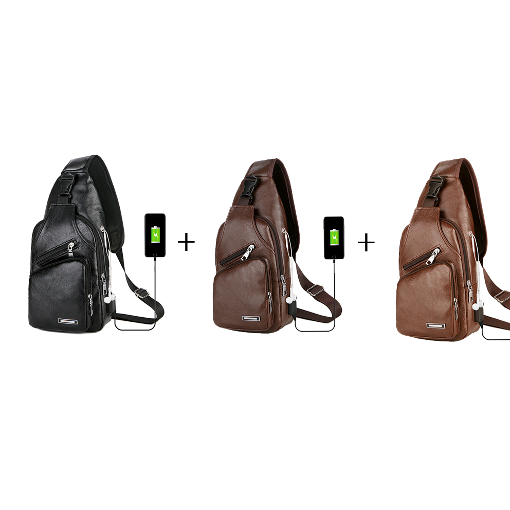 USB Portable Charging Chest Bag Messenger Bag with Adjustable Shoulder Strap & Soft Wear-resistant PU Leather & Front Pockets