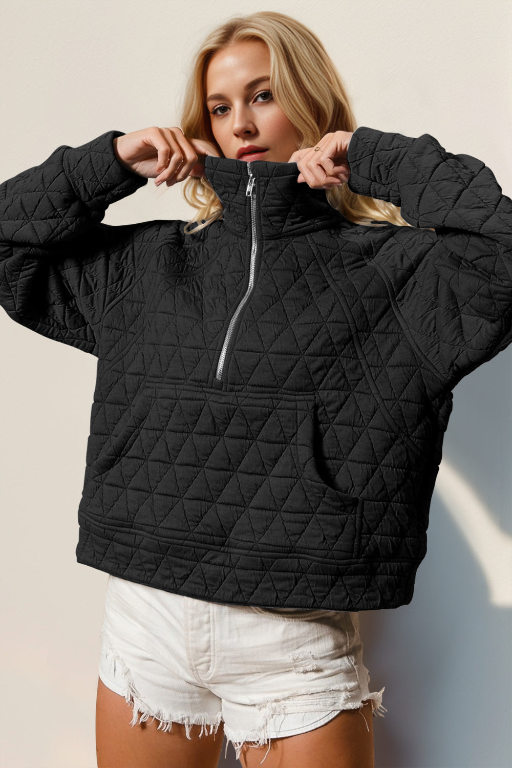 Double Take Women's Quilted Half Zip Sweatshirt with Pocket | Stylish Long Sleeve Pullover