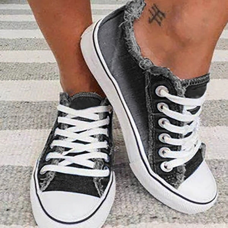 Denim Canvas Shoes for Women - Lace Up - Thick Soled Sneakers