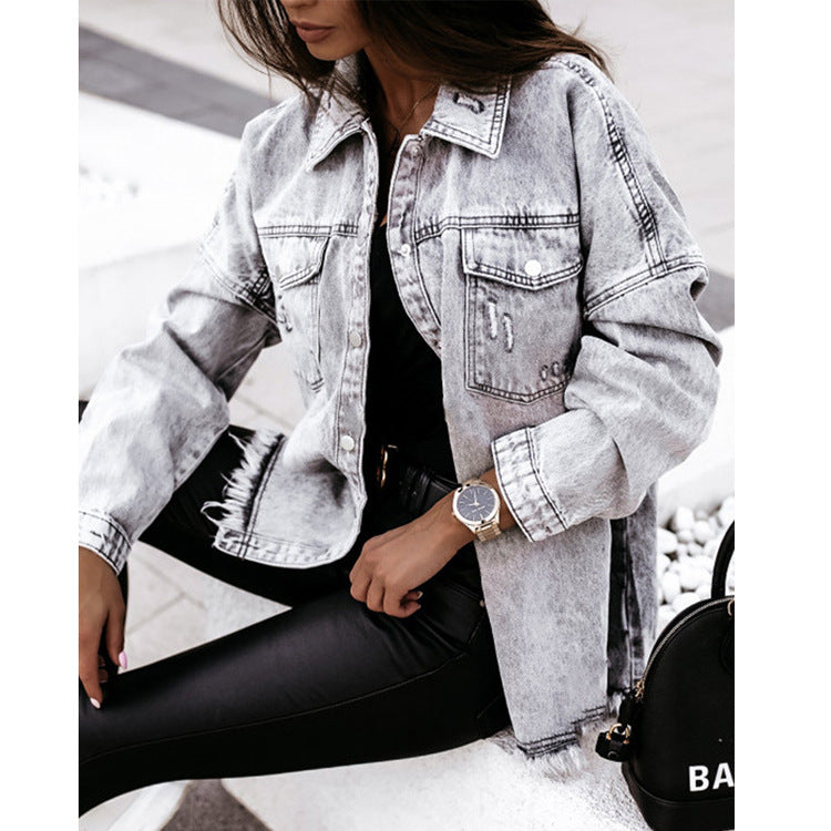 Women's Classic Denim Jacket with Lapel Collar Pockets and Long Sleeves - Comfortable - Durable - Versatile