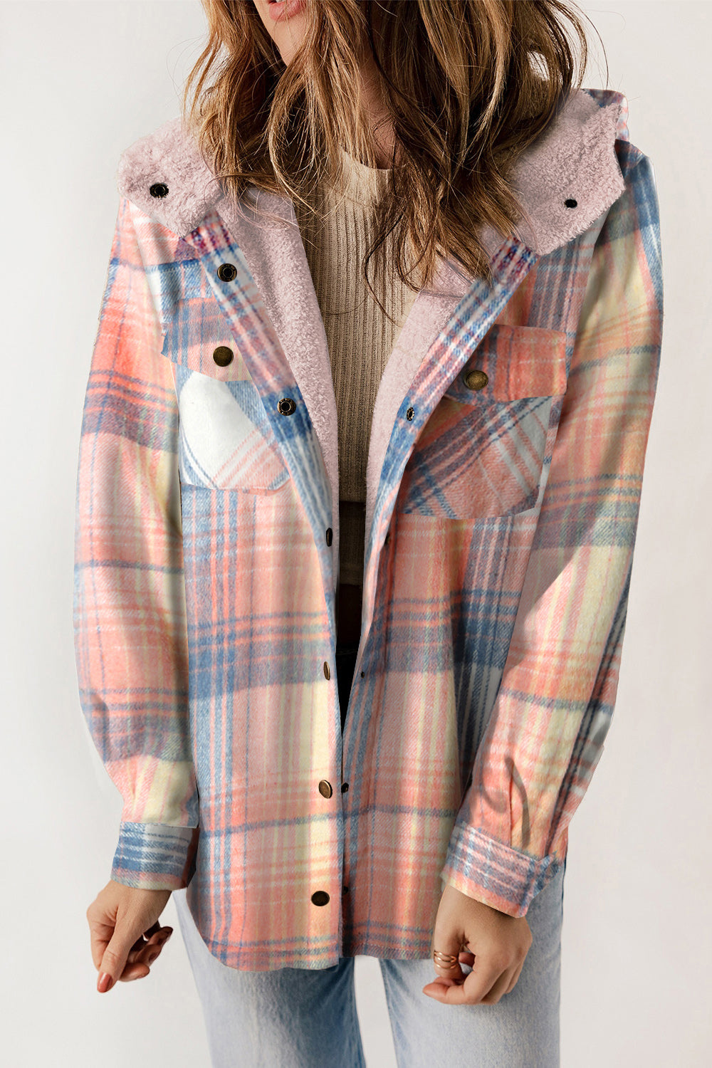 Women’s Plaid Hooded Jacket with Snap Front and Pockets - 100% Polyester Seasonal Outerwear