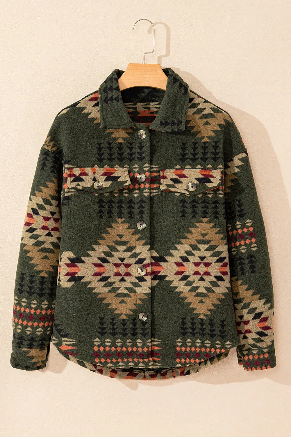 Women's Geometric Print Collared Neck Jacket with Pockets | Warm Outerwear for Fall/Winter