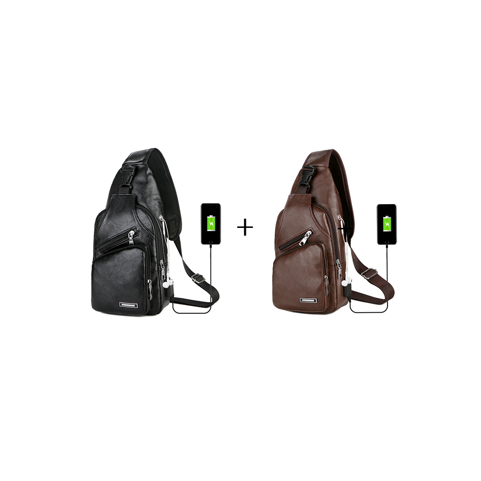 USB Portable Charging Chest Bag Messenger Bag with Adjustable Shoulder Strap & Soft Wear-resistant PU Leather & Front Pockets