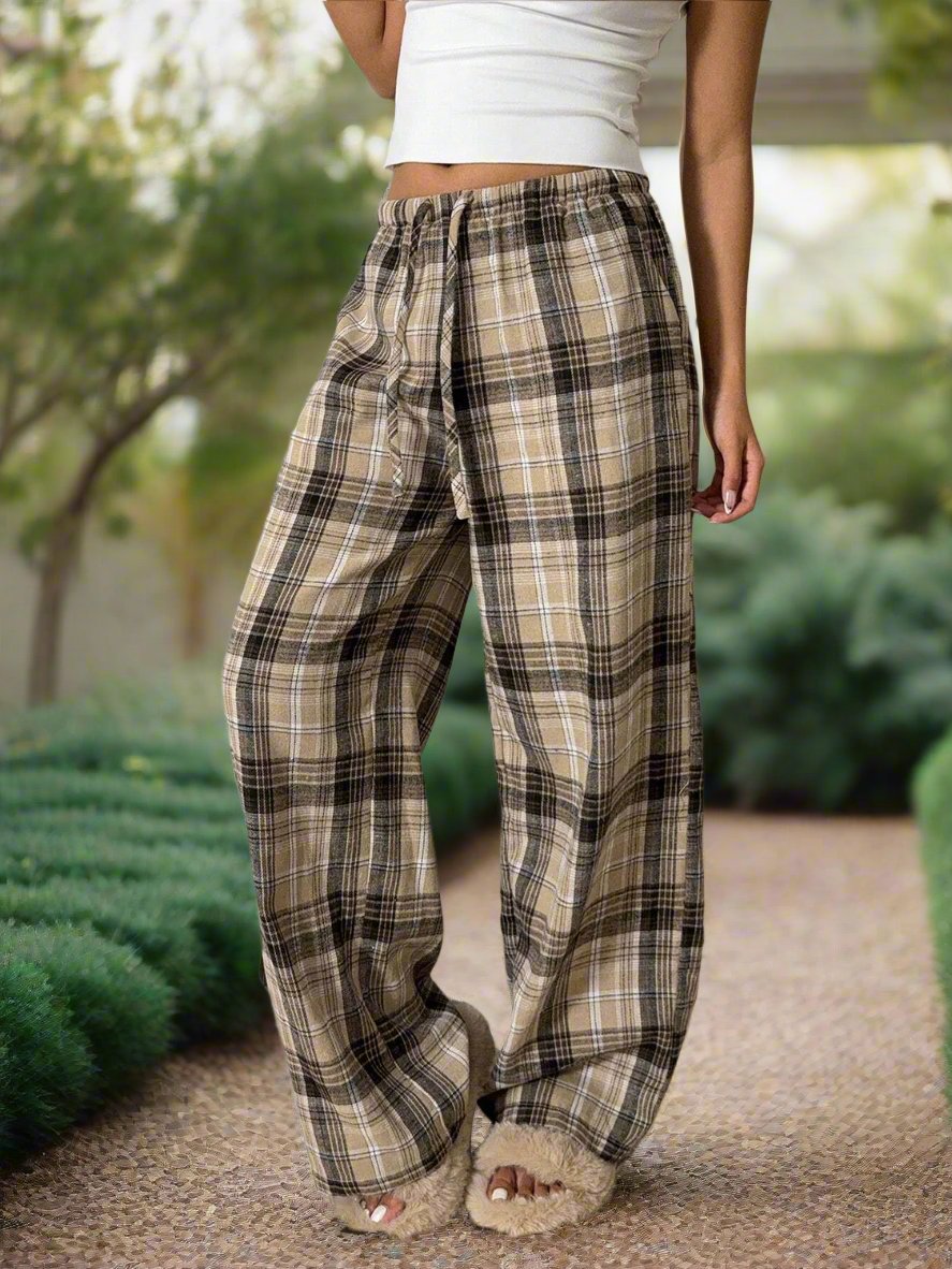 Women's Drawstring Plaid Wide Leg Pants | 100% Polyester | Stylish & Comfortable Trousers