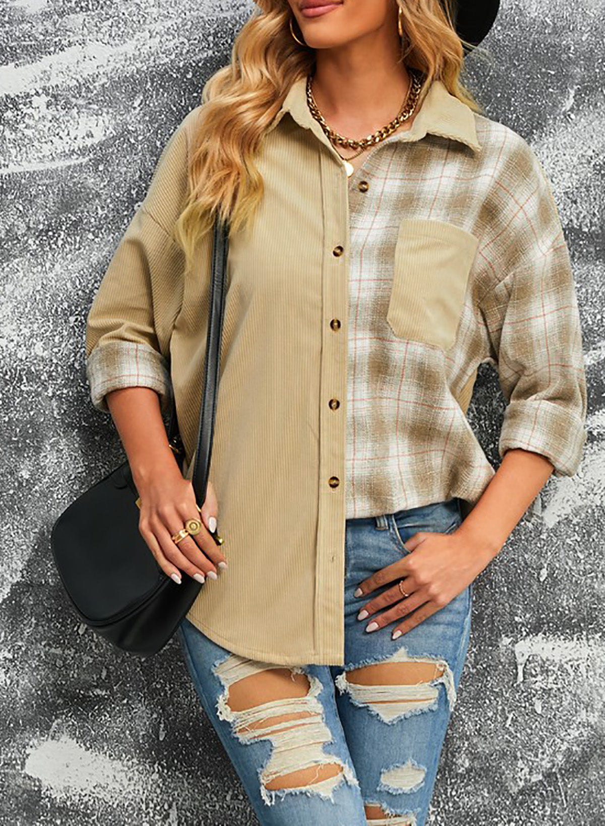 Women's Double Take Plaid Color Block Corduroy Shacket with Dropped Shoulders