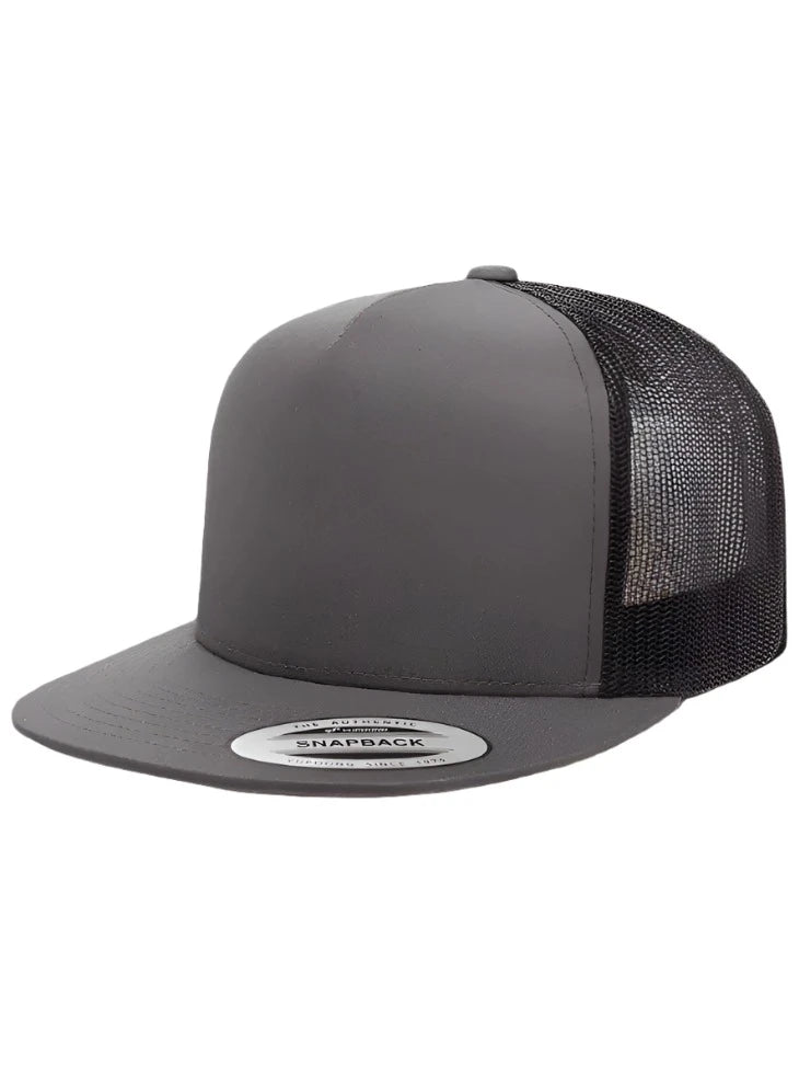 Classic Trucker Snapback Hat with Flat Bill and Mesh Back - Yupoong 6006T - Adjustable Plastic Snapback Closure - 5 Panel Design - Premium Ventilation