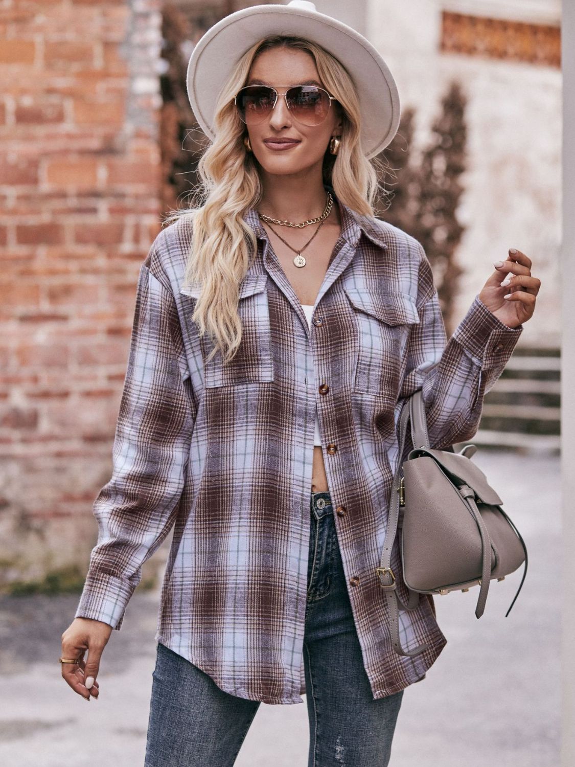 Women's Plaid Longline Shirt with Pockets - Dropped Shoulder Oversized Design