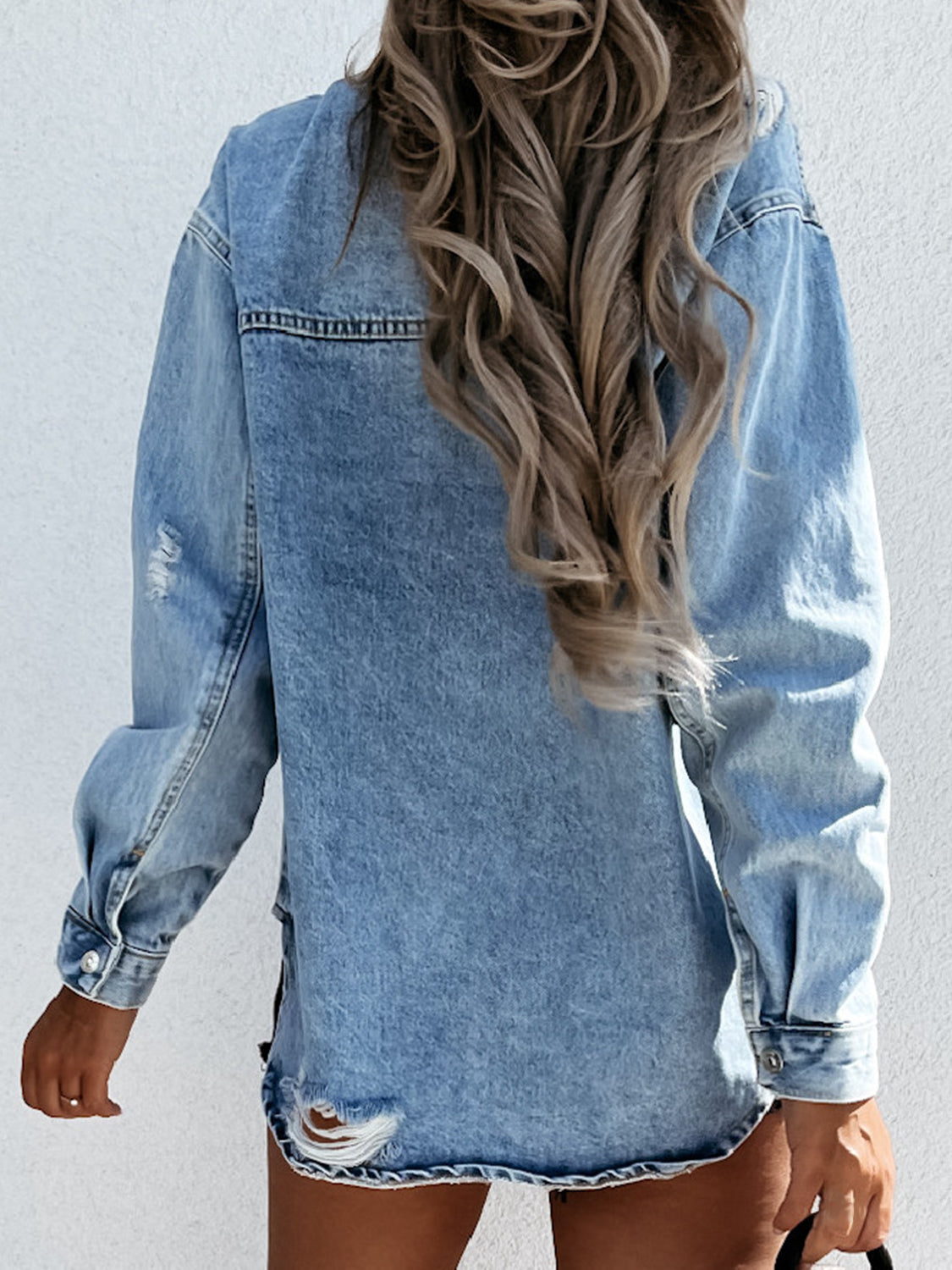 Women's Distressed Button-Down Denim Jacket with Pockets - Machine Washable Casual Outerwear