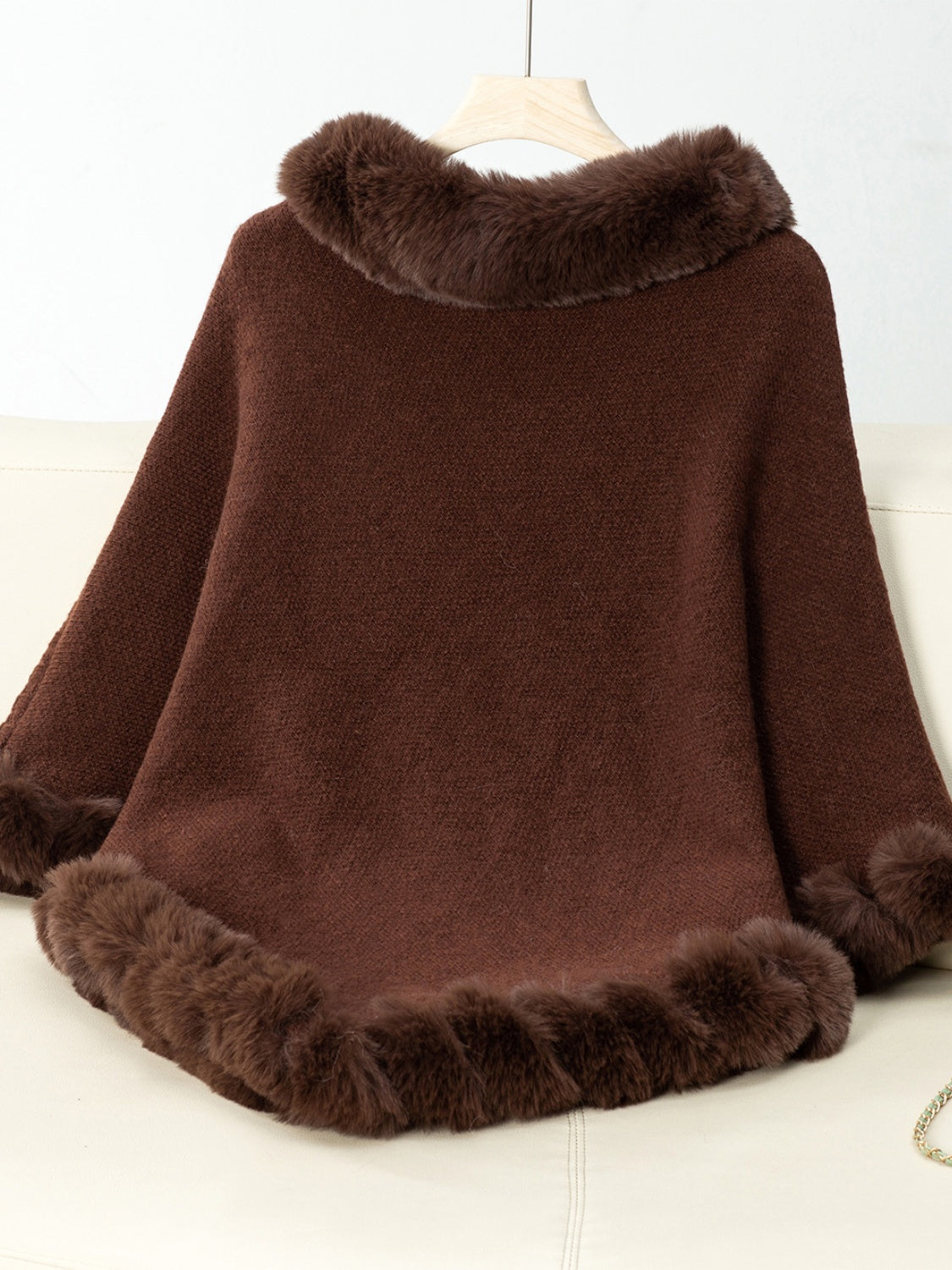 Women's Fuzzy Trim Three-Quarter Sleeve Poncho | Soft Acrylic Texture for Everyday Wear