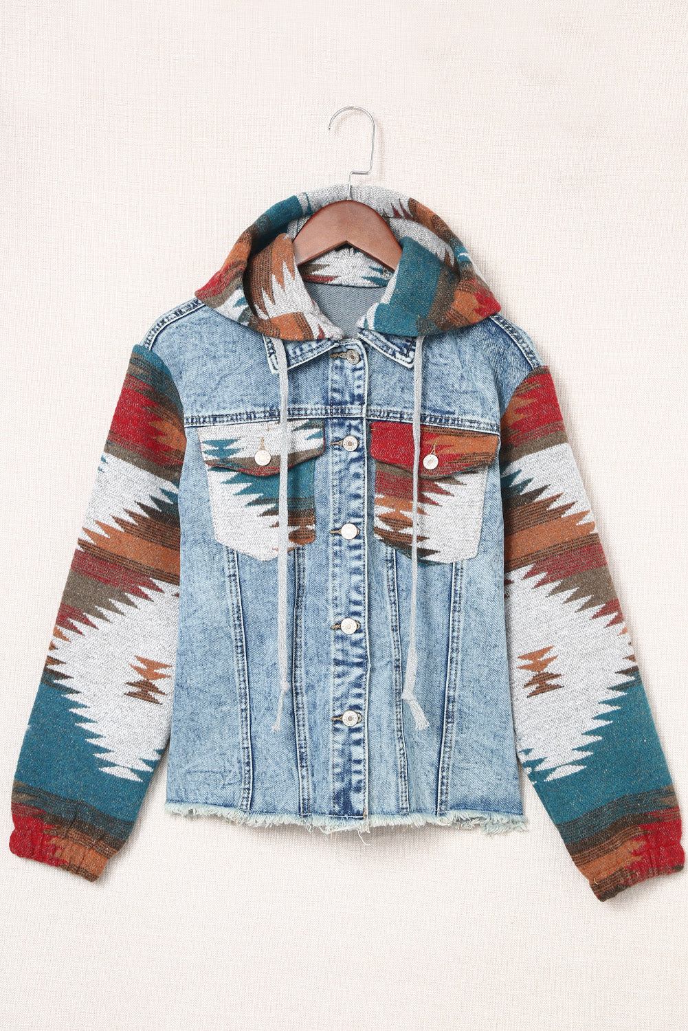 Women's Adjustable Drawstring Hooded Denim Jacket with Pockets and Western-inspired Patchwork