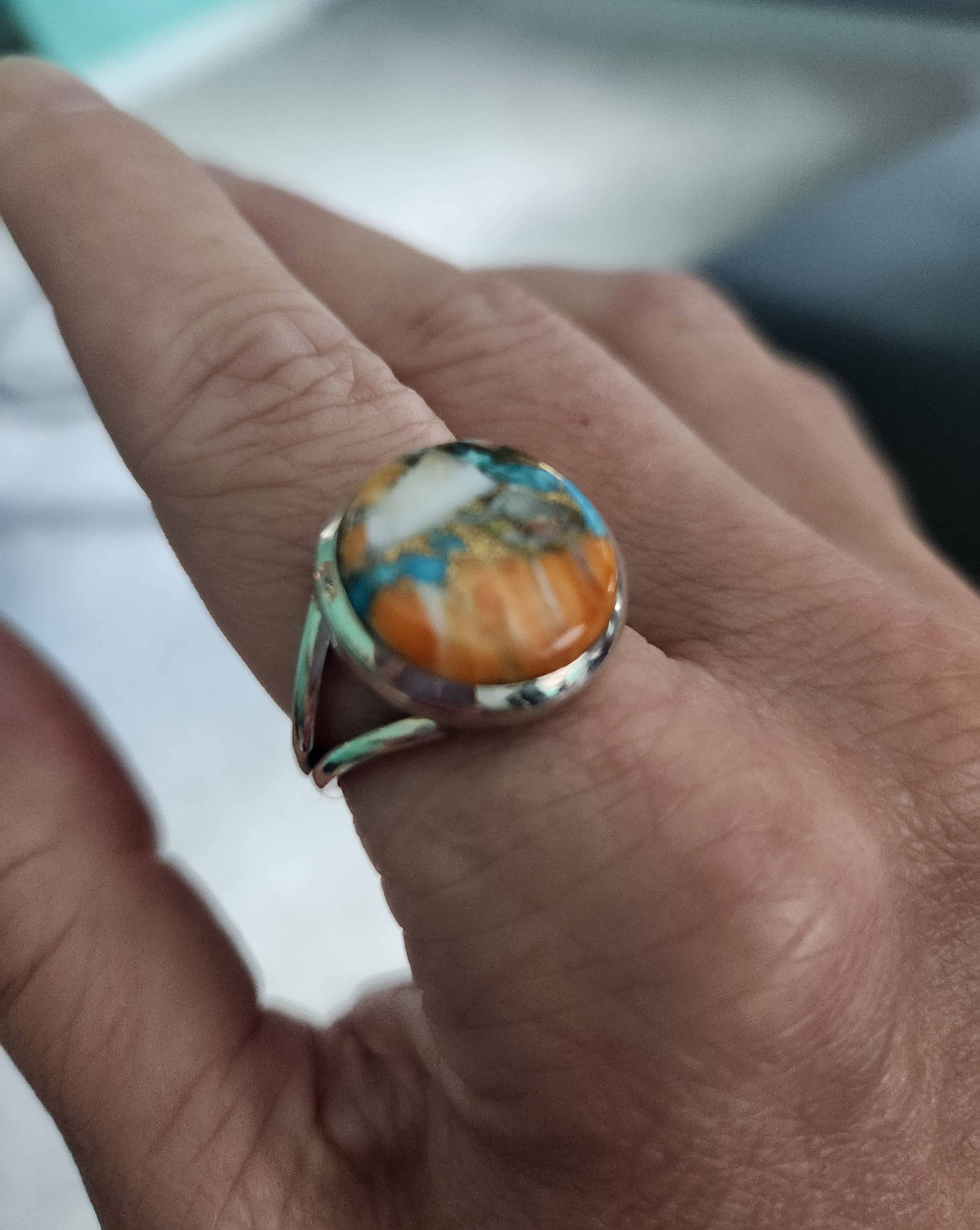 Handmade Sterling Silver Ring with Spiny Oyster Arizona Turquoise - Unique and Spiritual Jewelry for Women