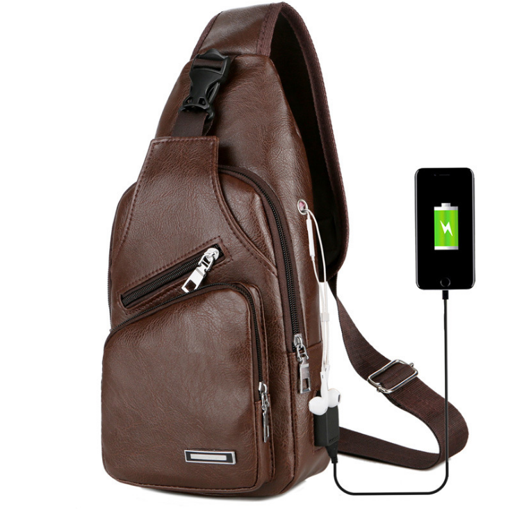 USB Portable Charging Chest Bag Messenger Bag with Adjustable Shoulder Strap & Soft Wear-resistant PU Leather & Front Pockets