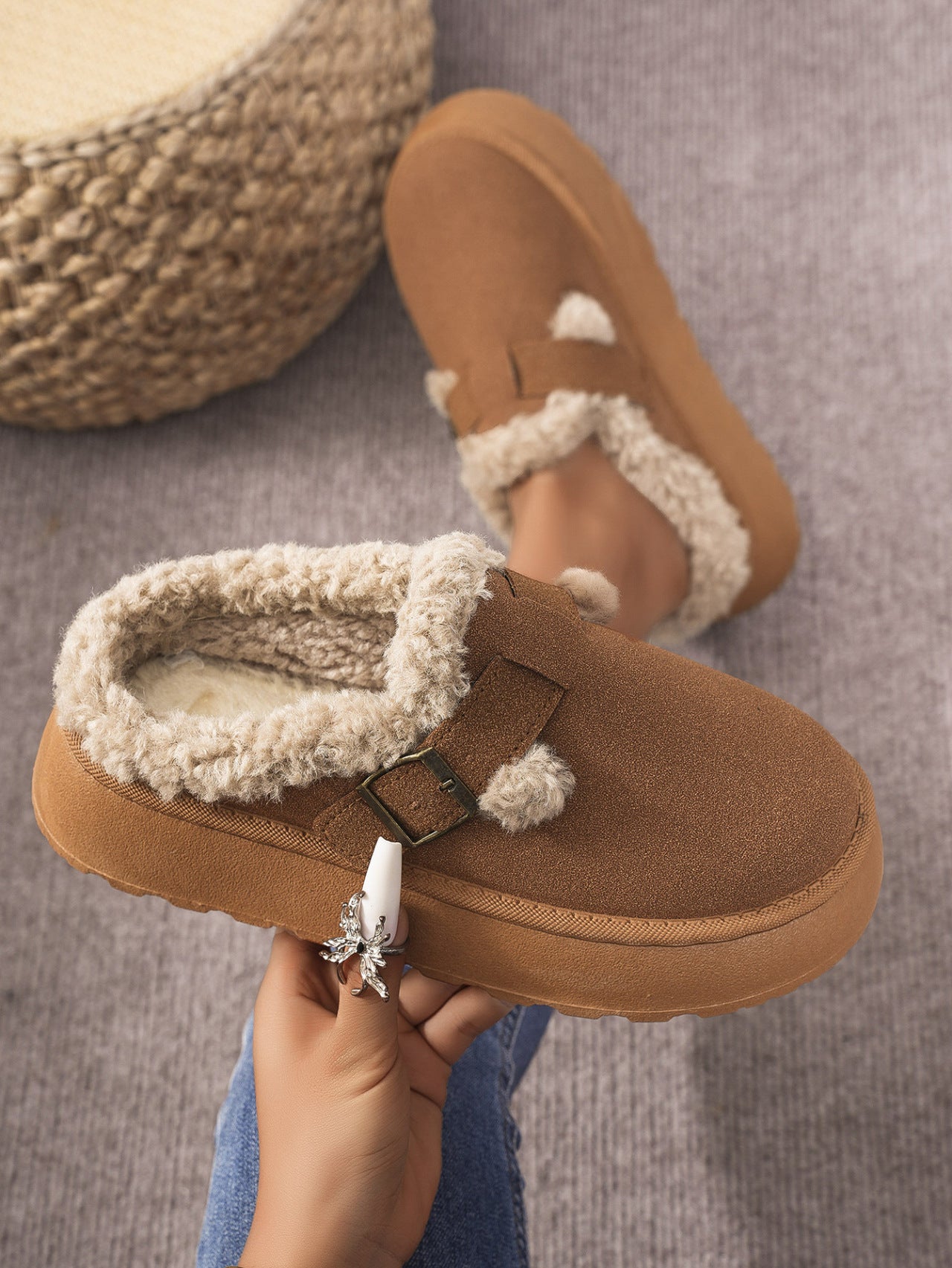 Warm and Cozy Women's Thermal Faux Fur Buckle Platform Slippers | Ultra Soft and Comfortable