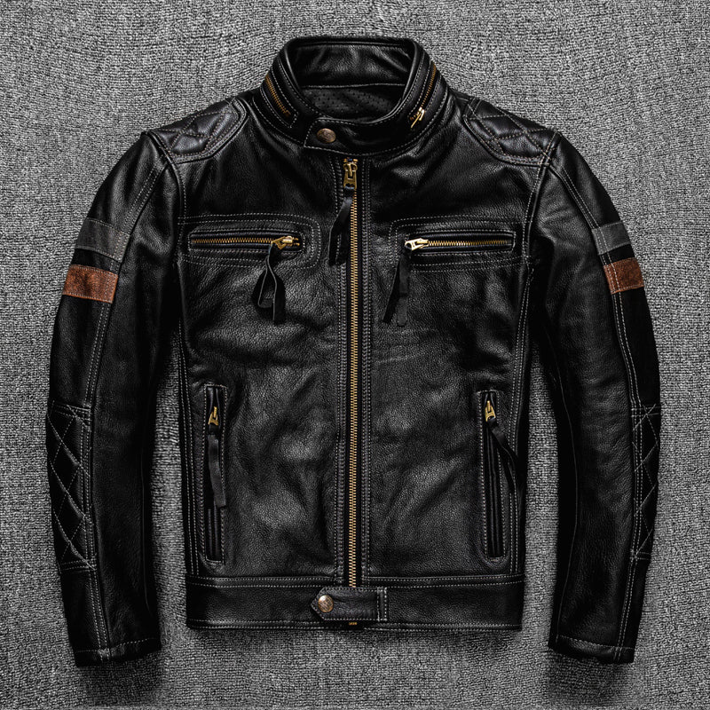 High-Quality Genuine Leather Motorcycle Coat for Men - Slim Fit Biker Jacket in Classic Black