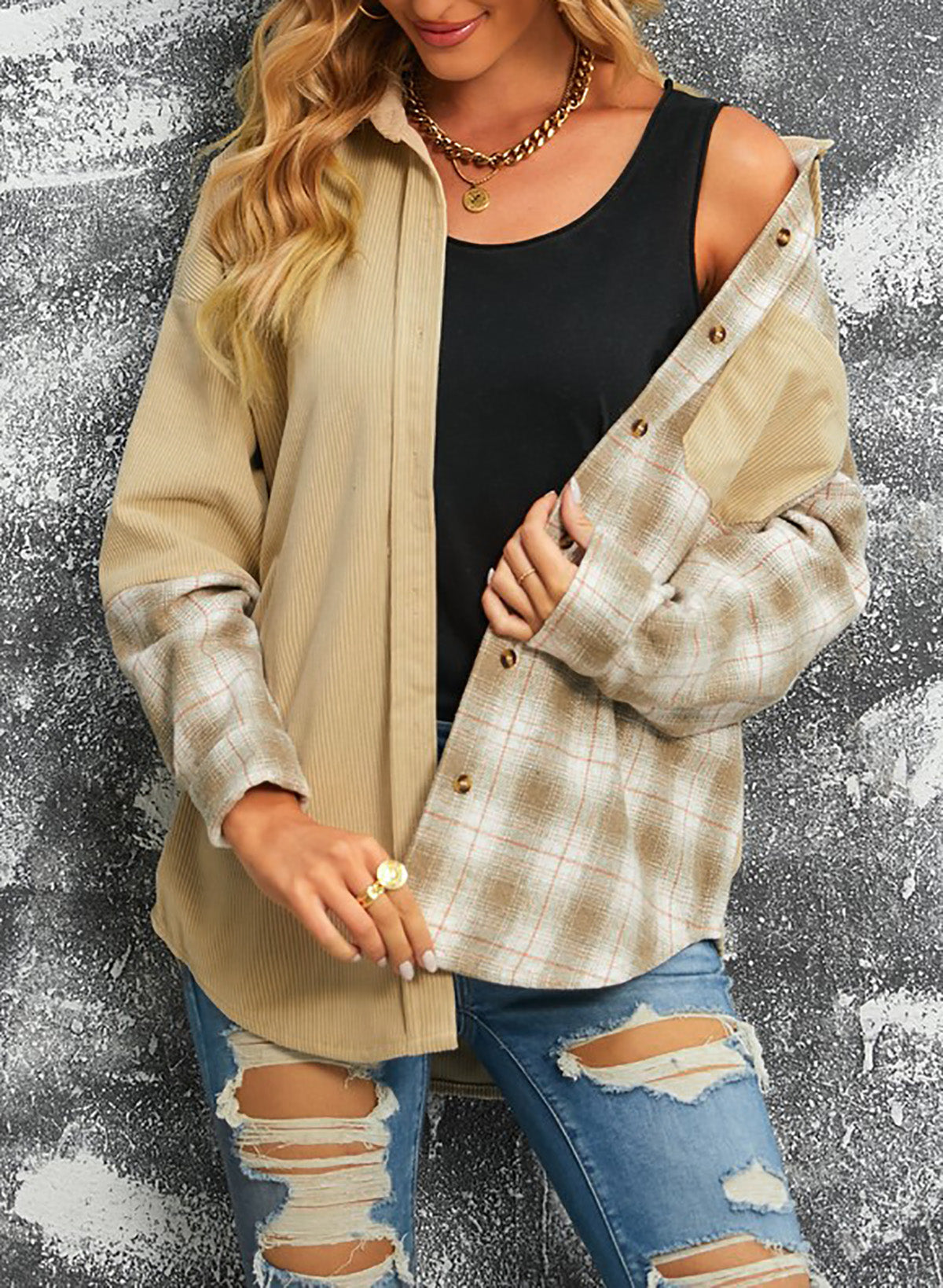 Women's Double Take Plaid Color Block Corduroy Shacket with Dropped Shoulders