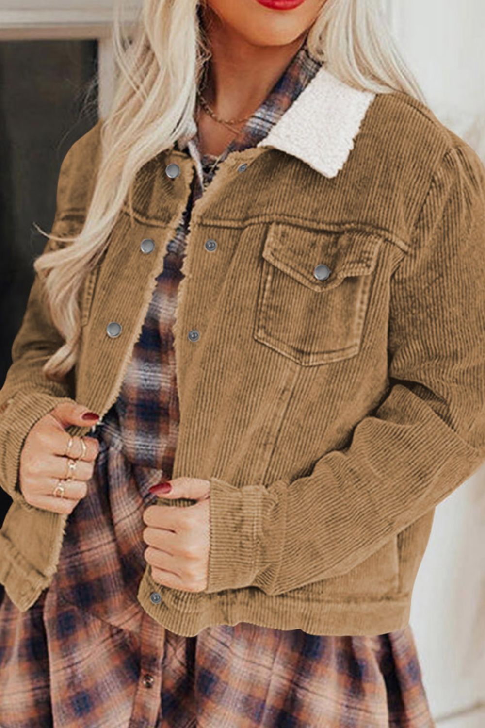 Women's Plush-Lined Corduroy Snap Down Jacket with Collared Neck | Stylish, Functional Outerwear