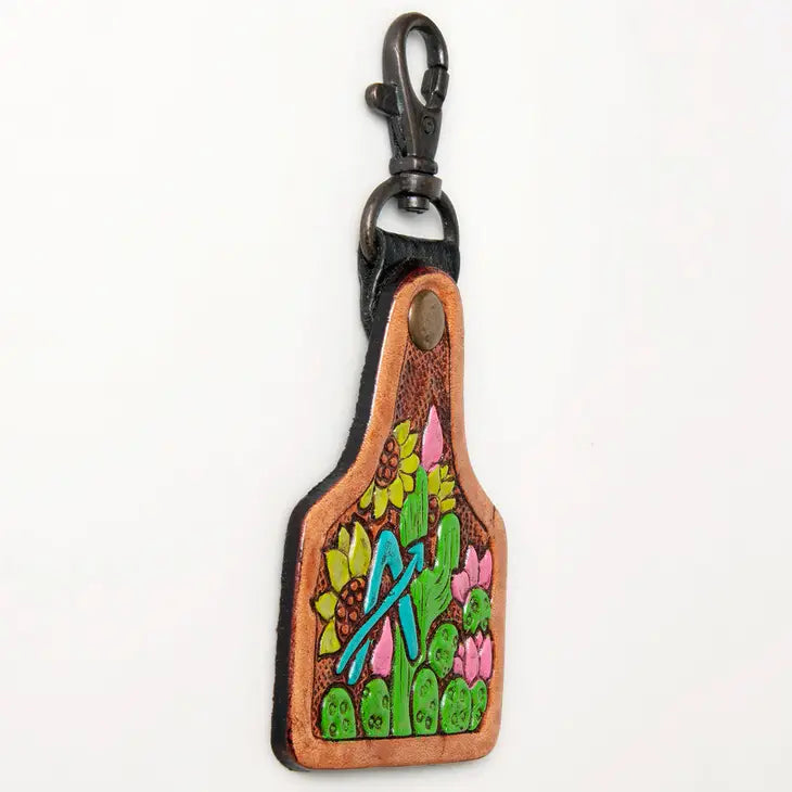 LS Western High Quality Leather Keychain Ornament with Flowers Cactus and Arrow Design - Durable and Stylish