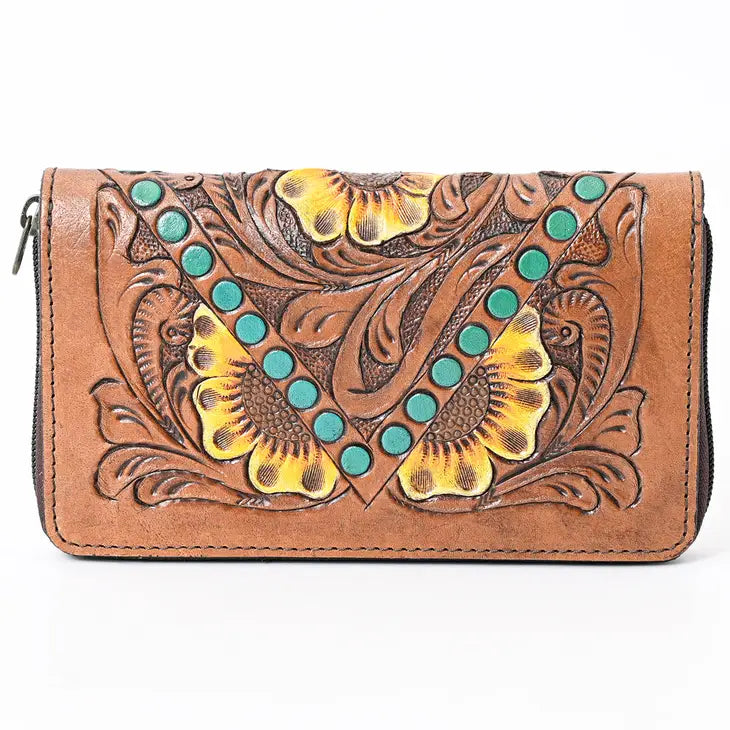 LS Western Ladies Harness Skirting Genuine Leather Carving Wallet - Sophisticated and Durable