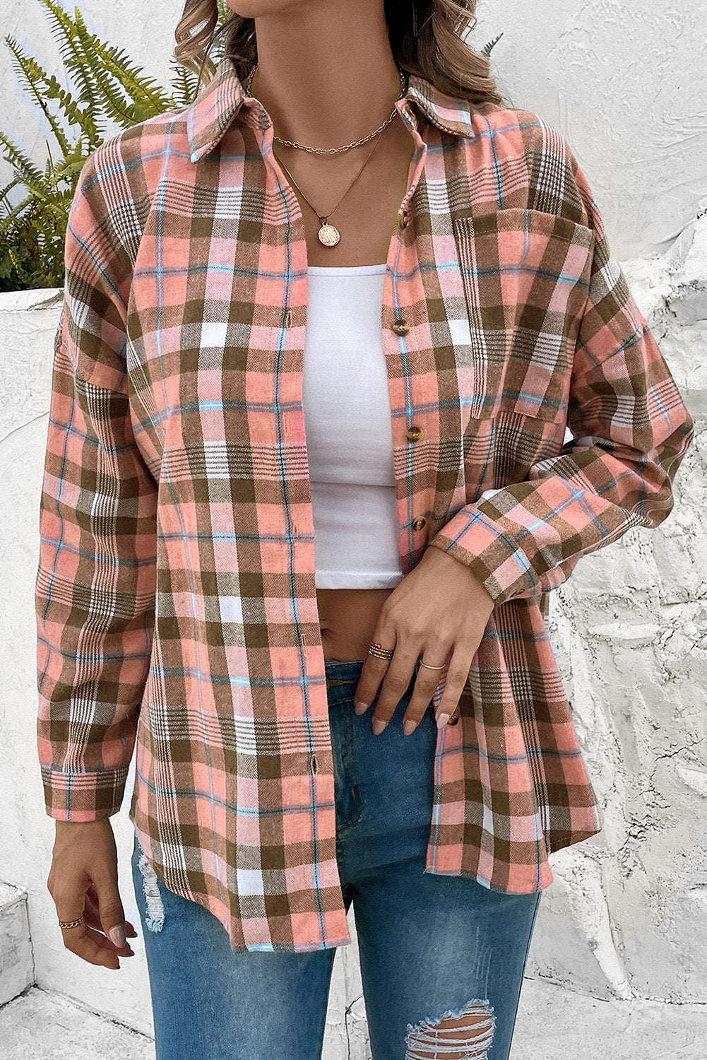 Women's Plaid Collared Neck Long Sleeve Button-Up Shirt with Pocket