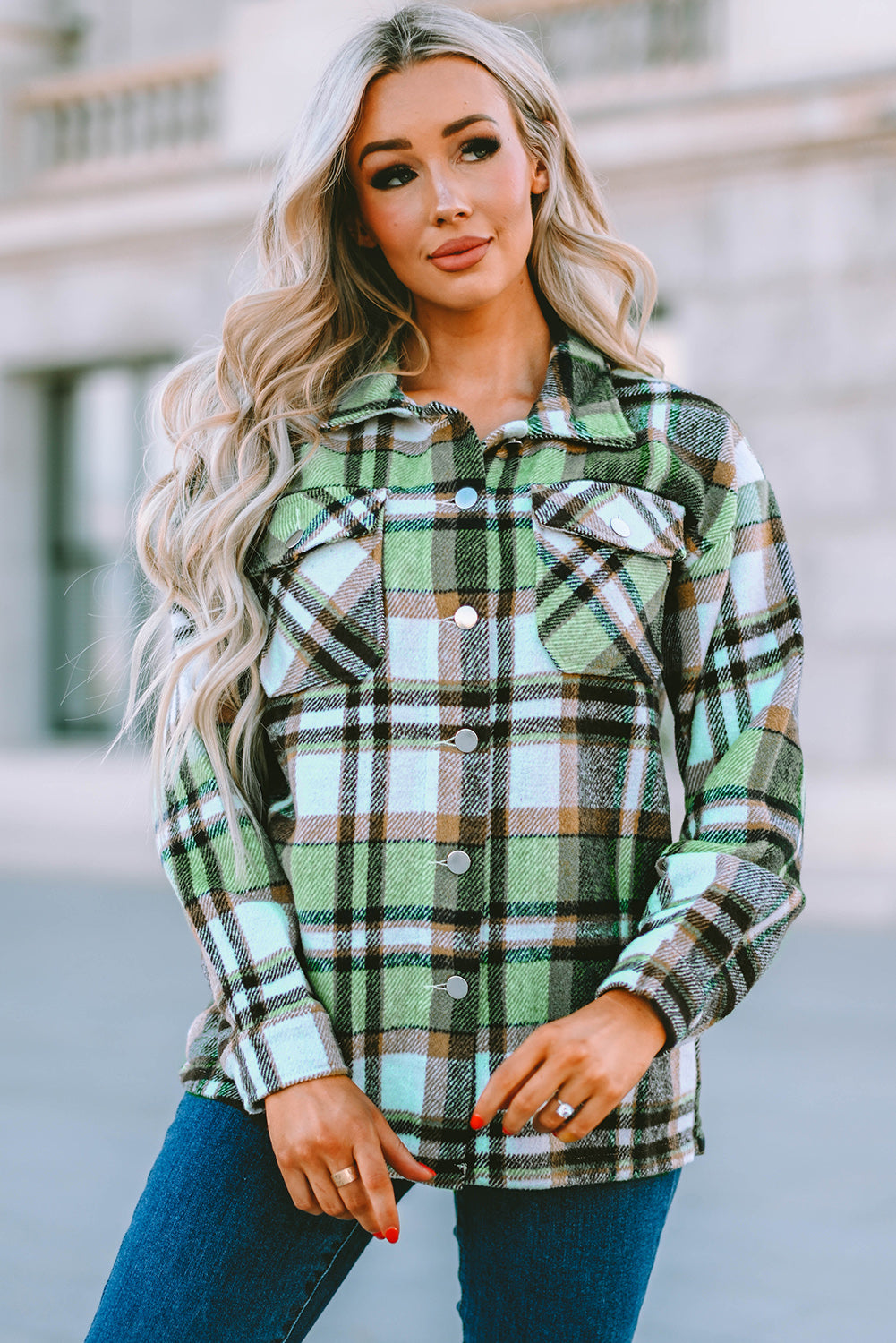 Women's Plaid Button Down Flannel Shacket with Pockets - Stylish Casual Chic Shirt Jacket