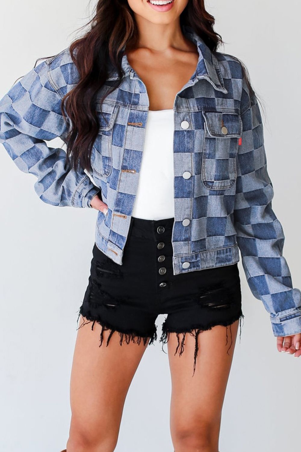 Women's Stylish Checkered Button-Up Denim Jacket with Pockets | Durable Cotton-Polyester Blend