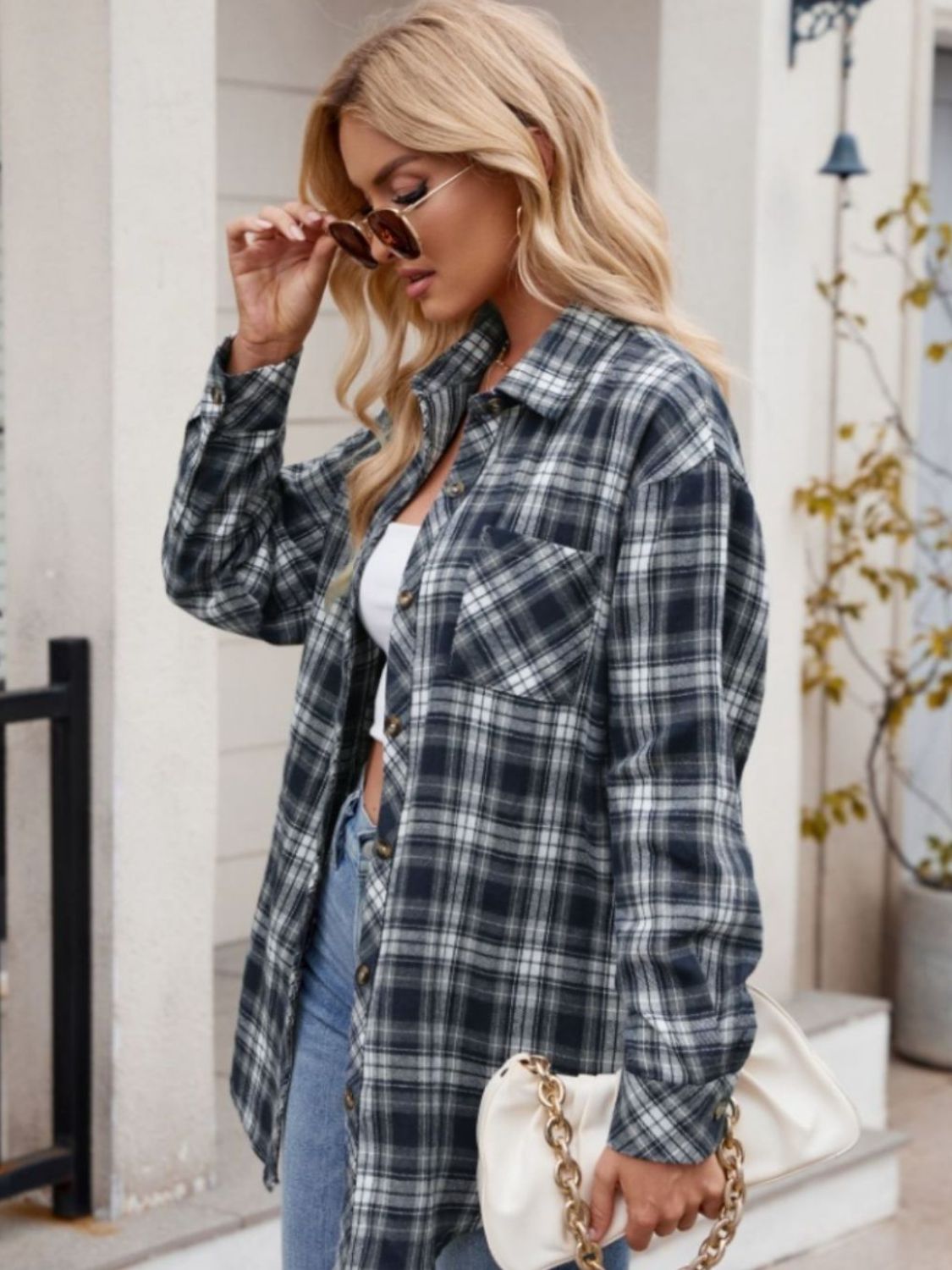 Women's Long Sleeve Plaid Shirt with Pockets - Stretchy Polyester Collared Button-Up