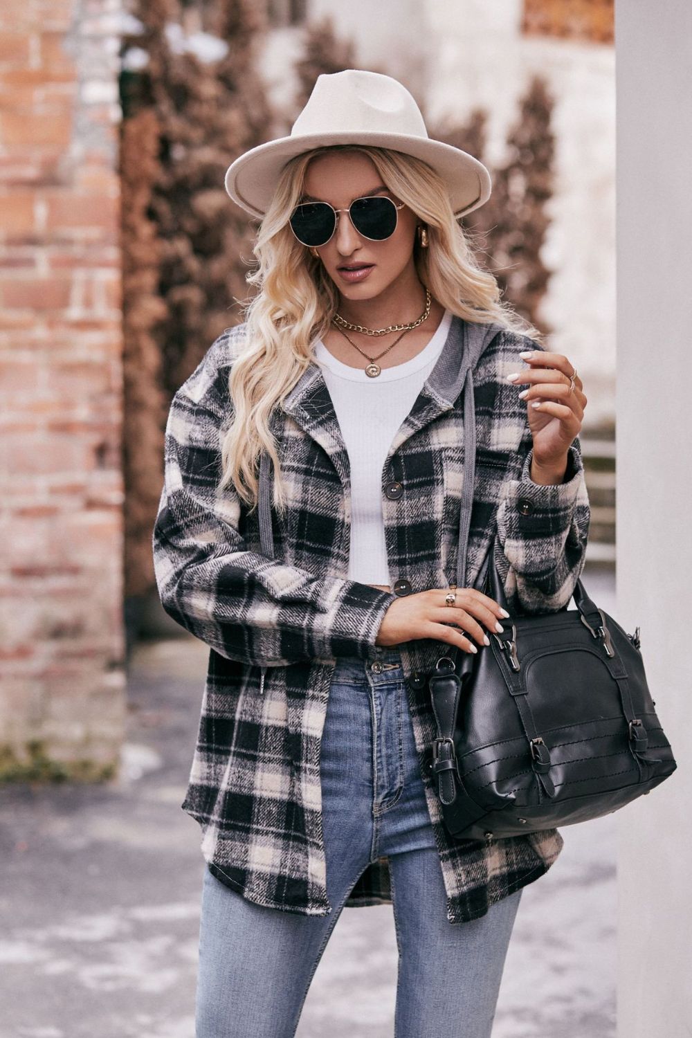 Mandy Women's Hooded Longline Plaid Jacket - Dropped Shoulders and Casual Style