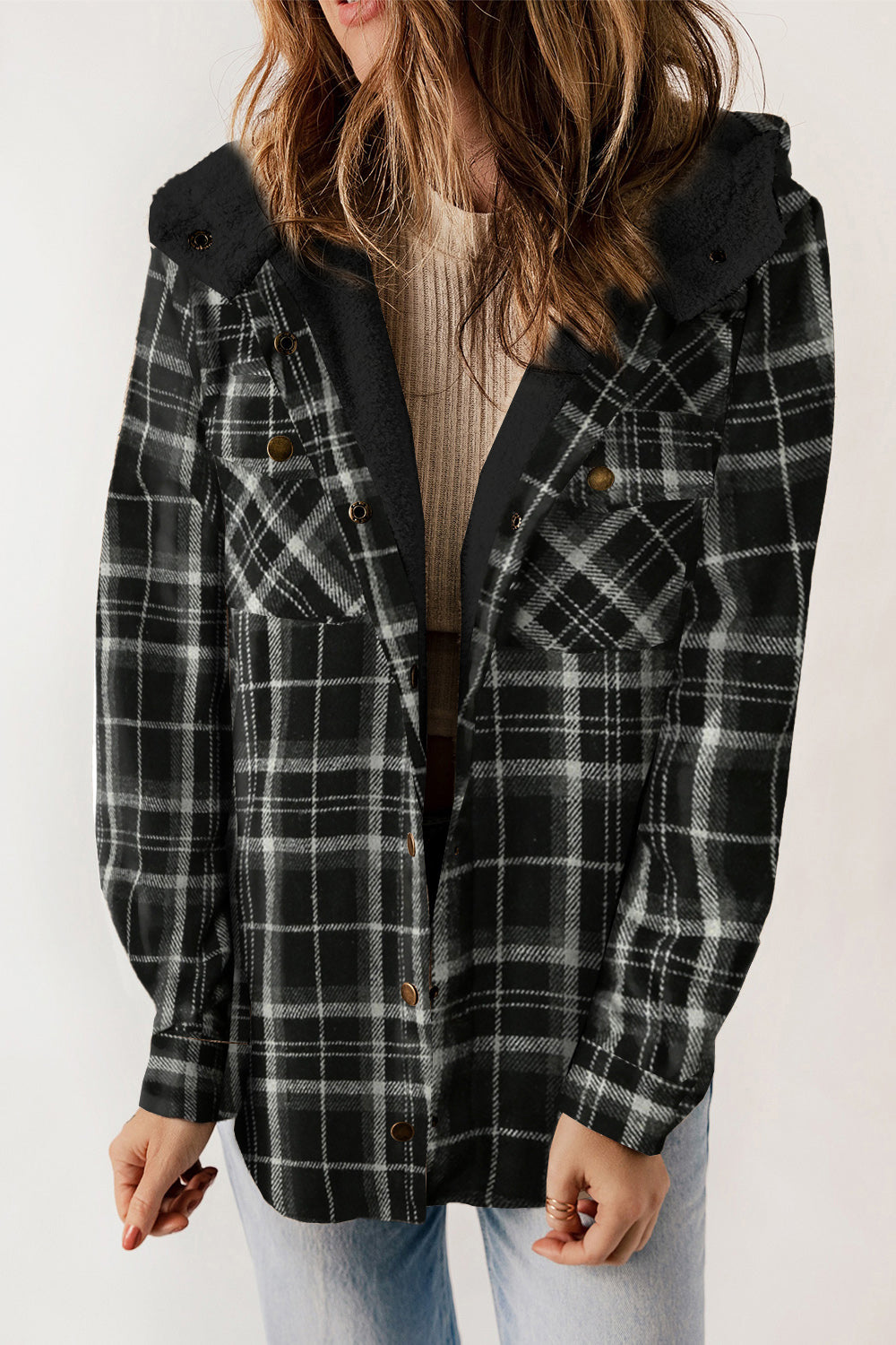 Women’s Plaid Hooded Jacket with Snap Front and Pockets - 100% Polyester Seasonal Outerwear