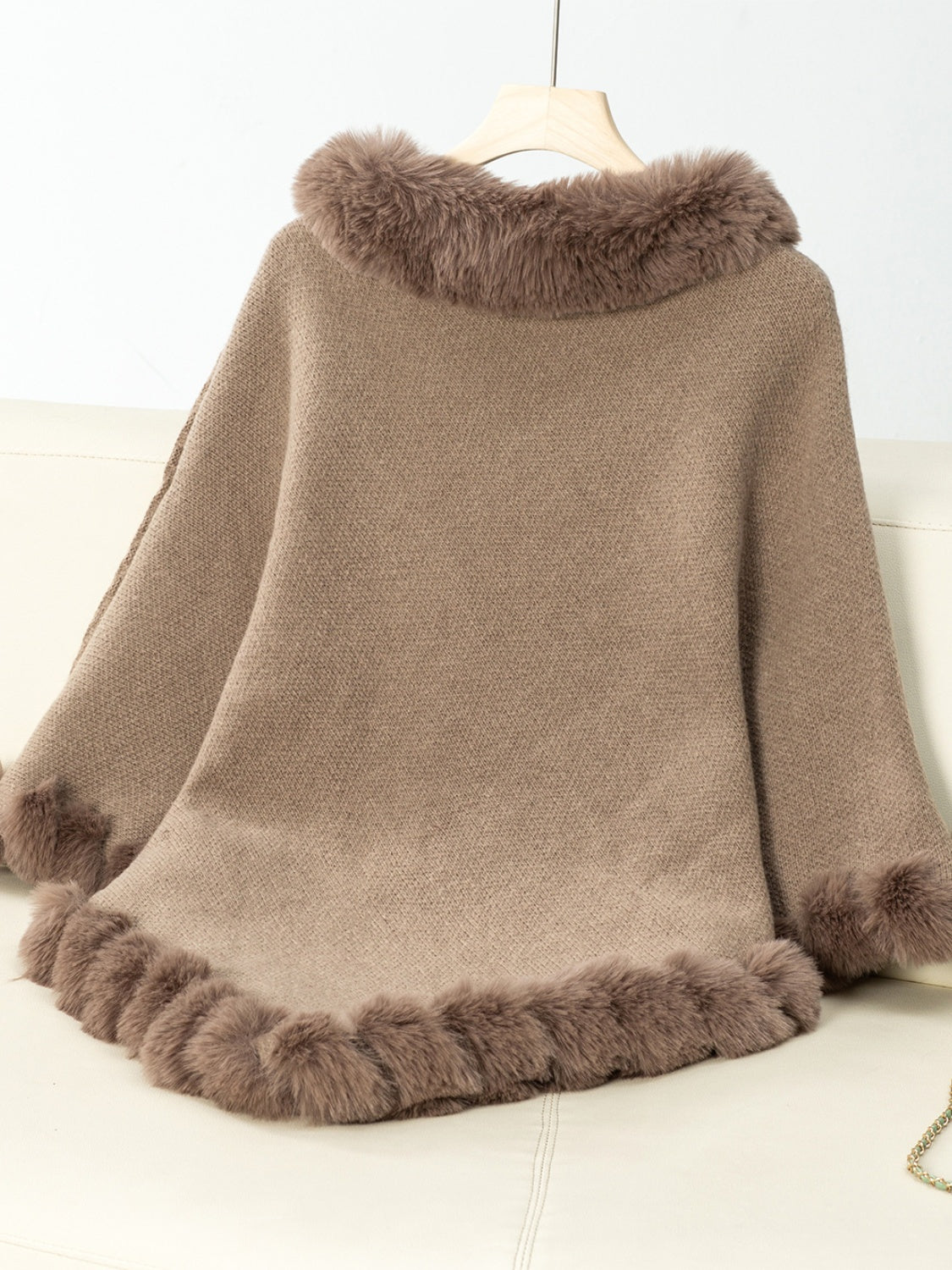 Women's Fuzzy Trim Three-Quarter Sleeve Poncho | Soft Acrylic Texture for Everyday Wear