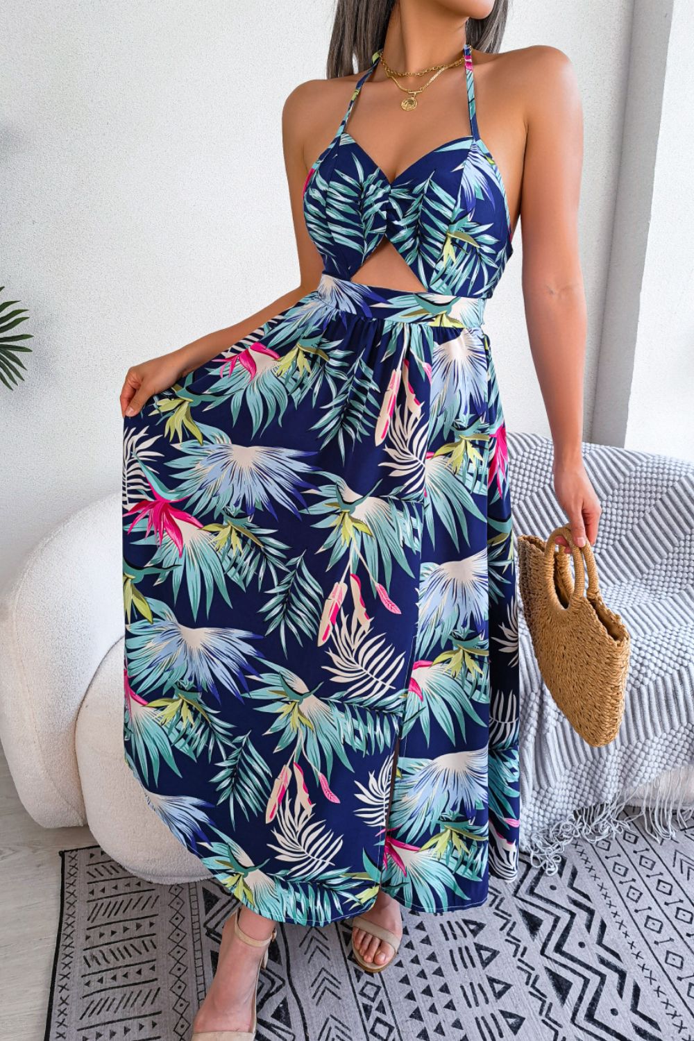 Boho Chic Botanical Print Dress with Tied Neckline and Cutout Slit for Women