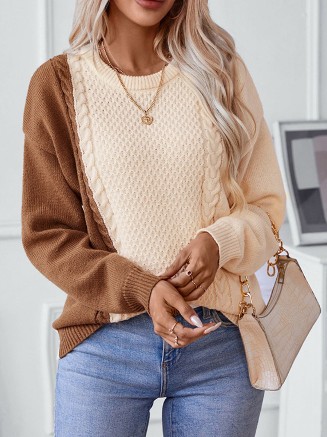 Women’s Two Tone Cable Knit Sweater | Round Neck Long Sleeve Top