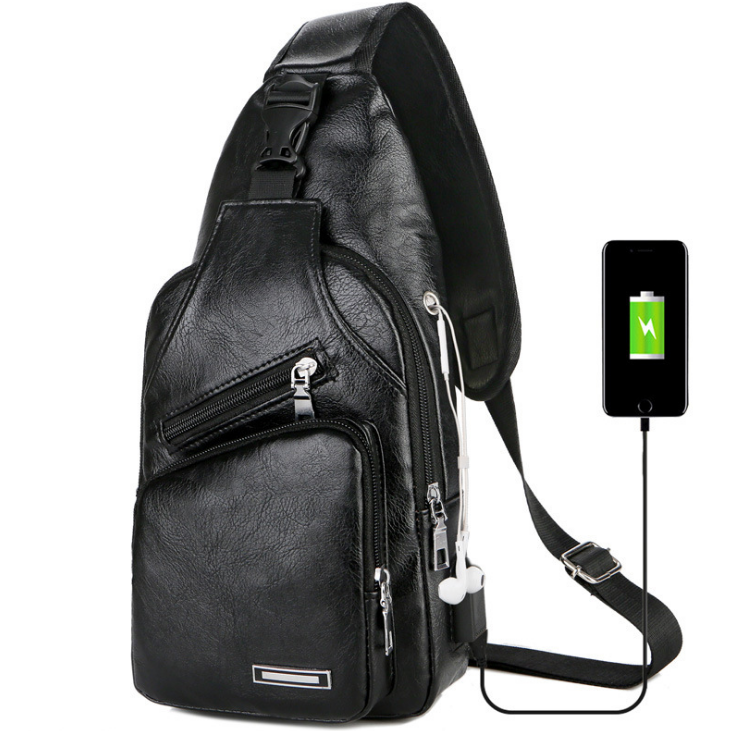 USB Portable Charging Chest Bag Messenger Bag with Adjustable Shoulder Strap & Soft Wear-resistant PU Leather & Front Pockets